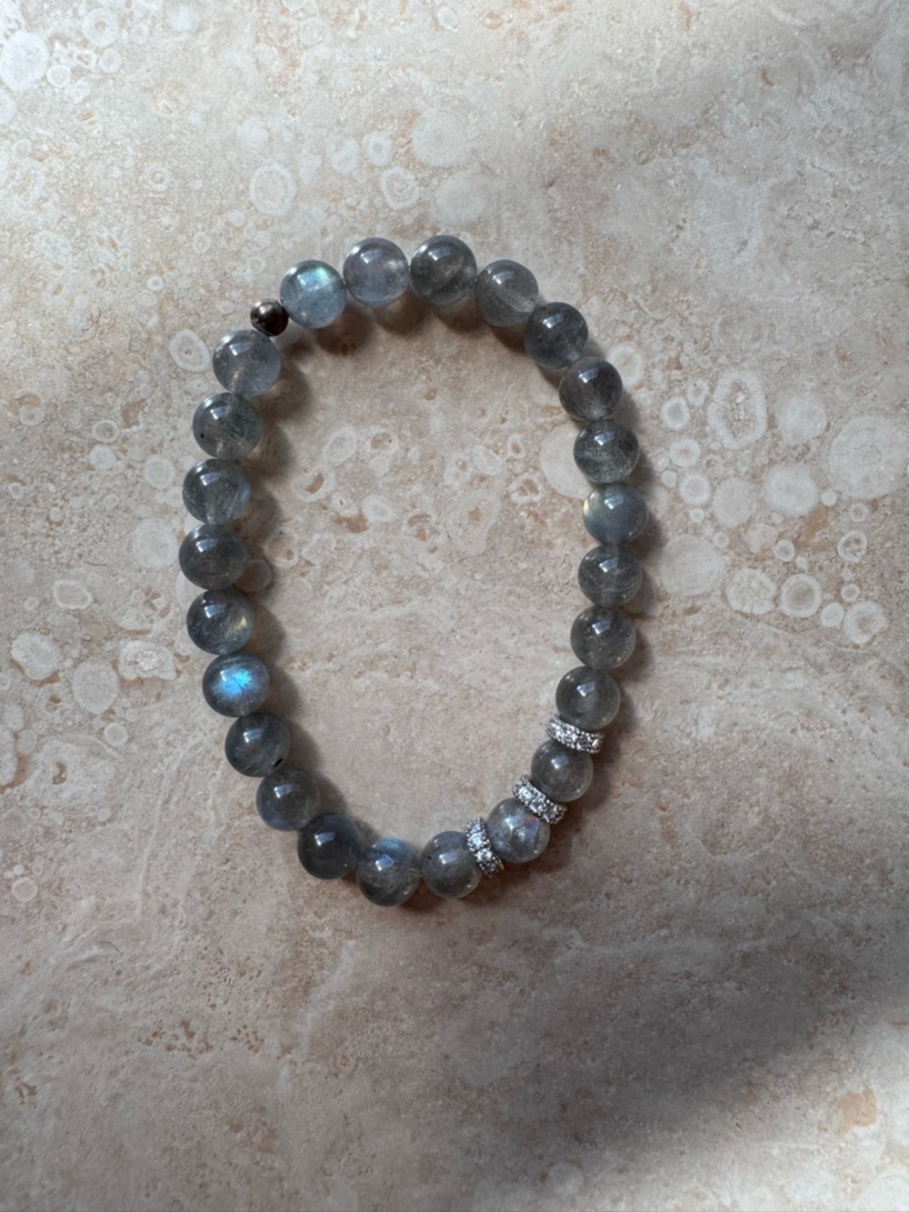 Labradorite Beaded Stretch Bracelet with Rhinestone Accents - Gray